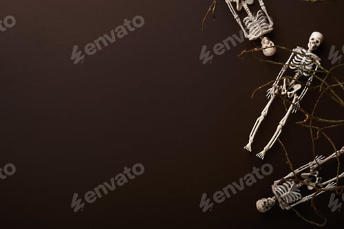 Preview: Halloween background. Flock of black bats, spider, pumpkin, skeleton and leaves for Halloween. Black