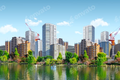 Preview: Modern Green City. Metro Skyline business office building around public park fresh clean air.