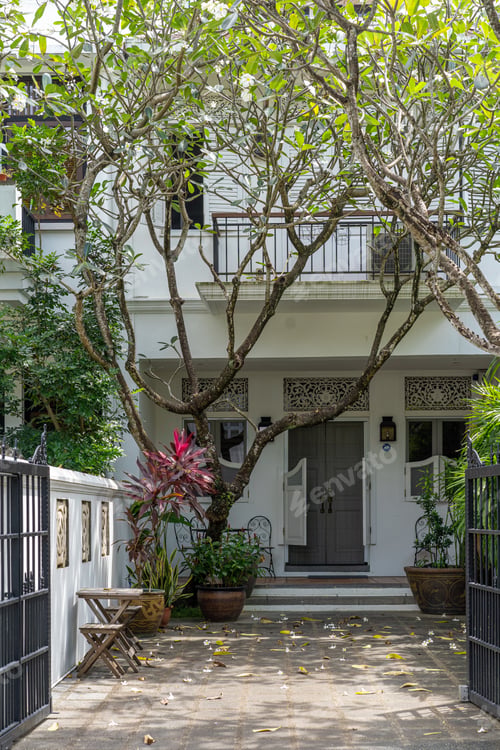 Preview: a small white house next to a green and white tree