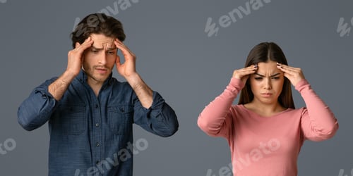 Preview: Asian young couple having headache cause of fight, touching their heads, panorama with copy space