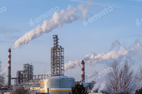 Preview: The work of a petrochemical plant. Smoke is coming from the chimney.