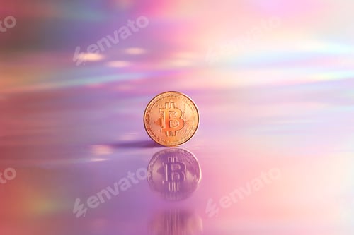 Preview: Golden bitcoin coin on holographic, abstract, neon background. digital currency, business style.