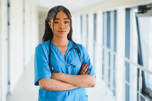 Preview: Portrait confident African American female doctor medical professional writing patient notes