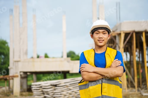 Preview: An architect, wearing a hardhat and safety vest, checks a laptop and house plan paper clipboard