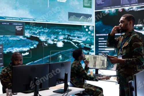 Preview: Soldier transmitting real time information from cctv satellite on phone call