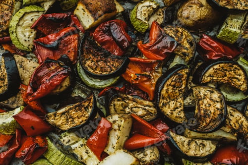 Preview: Baked vegetables: tomatoes, eggplants, peppers and zucchini. Background