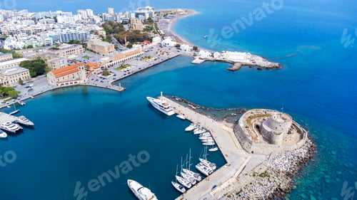 Preview: Mandraki port of Rhodes city harbor, aerial panoramic view in Rhodes island in Greece