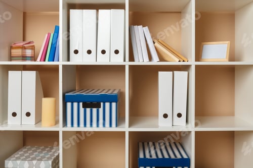 Preview: Home office working space. white shelf with accessories