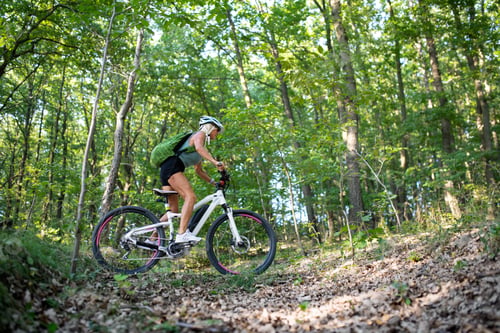 Preview: Low angle view of active senior woman biker cycling outdoors in forest