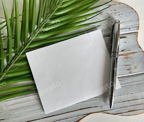 Preview: Notecard and pen on palm leaf