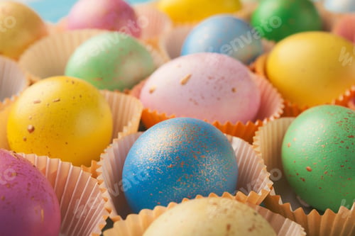 Preview: Easter background. Colored eggs closeup