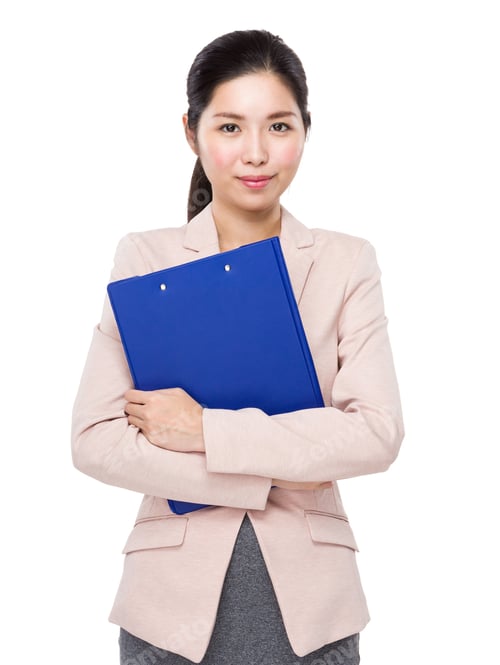 Confident Young Woman Holding a Blue Clipboard