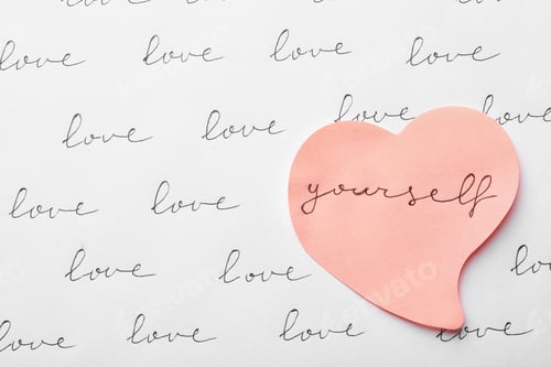Preview: Composition with words LOVE YOURSELF and paper heart on white background, top view