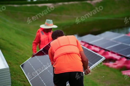 Preview: Technicians installing photovoltaic solar panels.