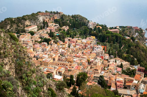 Preview: Hills with ancient Greek theater of Taormina city, Sicily, Italy, from Castelmola