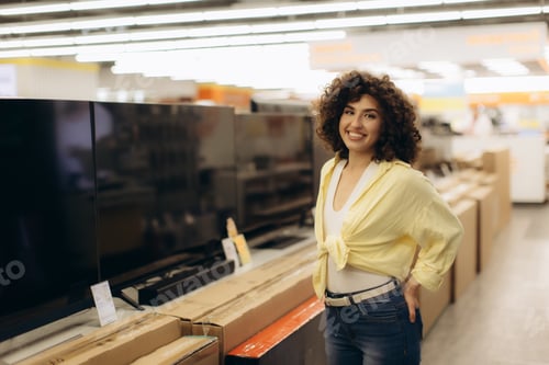 Preview: Smiling Woman Shopping for Electronics in a Modern Retail Store
