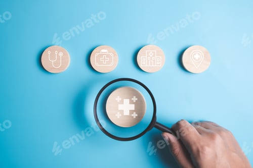 Preview: Magnifying glass with plus and medical icons for medical and health care concept