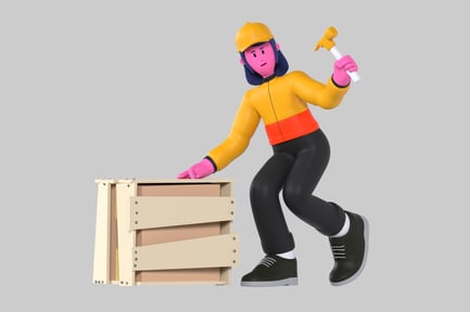 Preview: Worker with hammer standing beside a crate.