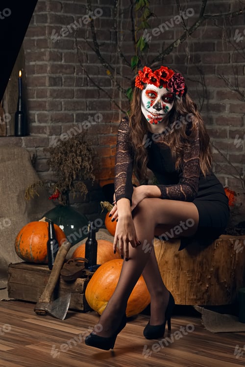 Preview: Female sugar skull makeup. Face painting art.