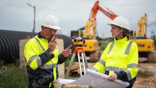 Preview: The survey team is using a theodolite and road construction plans.