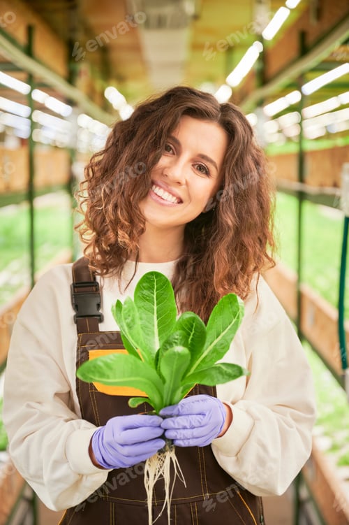Preview: Joyful young woman with plant standing in greenhouse.
