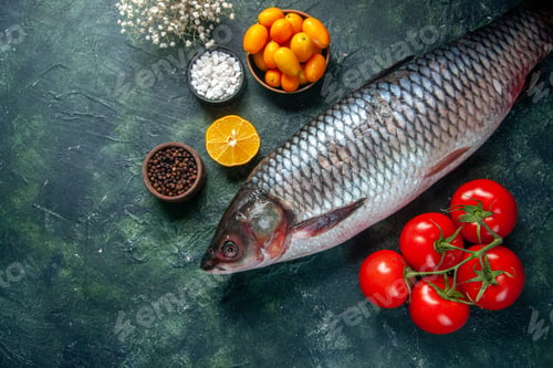 Preview: top view fresh raw fish with red tomatoes on dark background food health water fish color meal