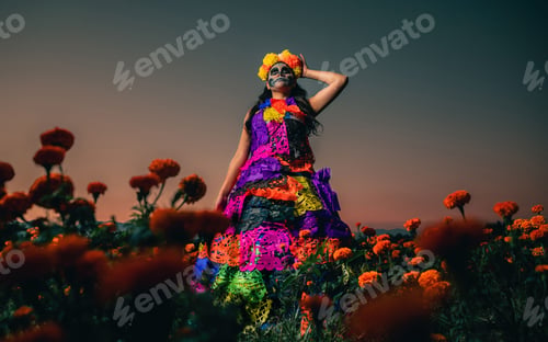 Preview: A beautiful female in traditional dress and makeup posing for the Day of the Dead on a floral field