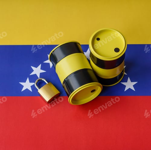 Preview: Barrels of oil, gas, or chemicals on the venezuelan flag and a ban sign. Barrels of venezuela oil
