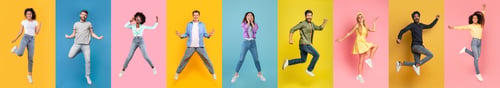 Preview: Happy Young Multiethnic Men And Women Jumping Against Colorful Backgrounds