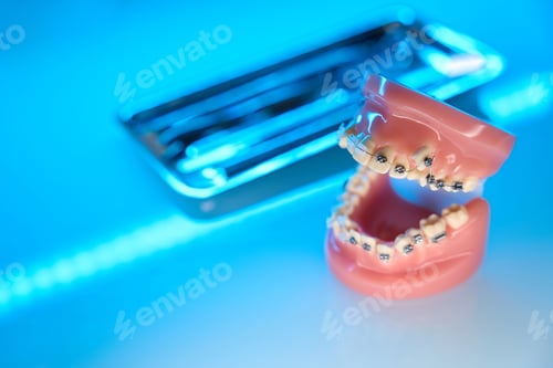 Preview: Orthodontic tools for teeth alignment. Jaw with braces