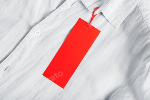 Preview: Red sale tag mockup on clothes. Retail tag with empty space for promotional text or price hanging