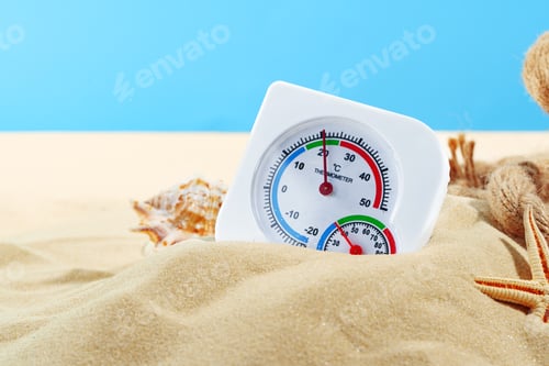 Preview: White Thermometer Measuring High Temperature on Sandy Beach With Starfish