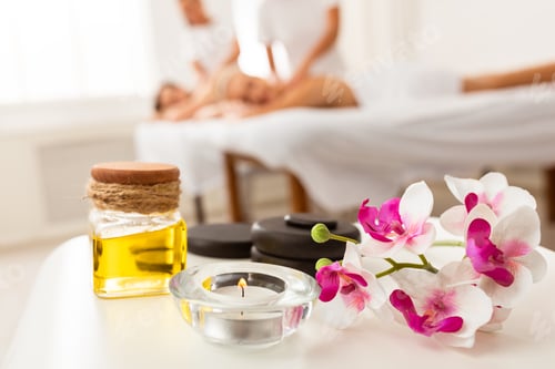 Preview: Couples Massage Spa Composition With Stones, Oil And Orchid Flowers