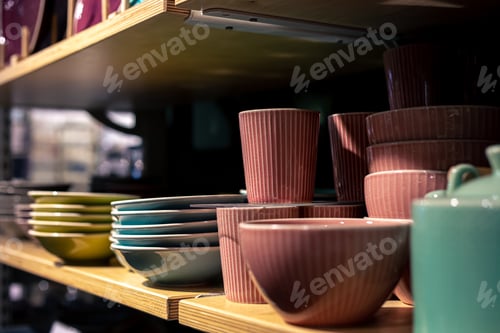 Preview: Crockery on the showcase of a store of things for the home.