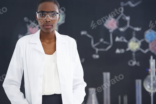 Woman in Lab Coat Poses by Chemical Equations