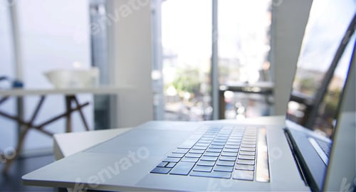 Preview: Laptop, keyboard and empty office for online tech, interior and equipment for networking career. Bu