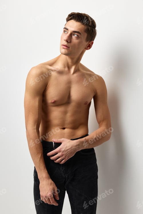 Preview: Handsome man nude inflated torso attractive look posing model