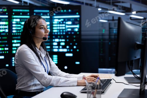 Preview: Employee in server farm communicating with engineers