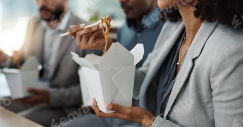 Preview: Chinese food, computer and a designer business woman reading information in the office while eating