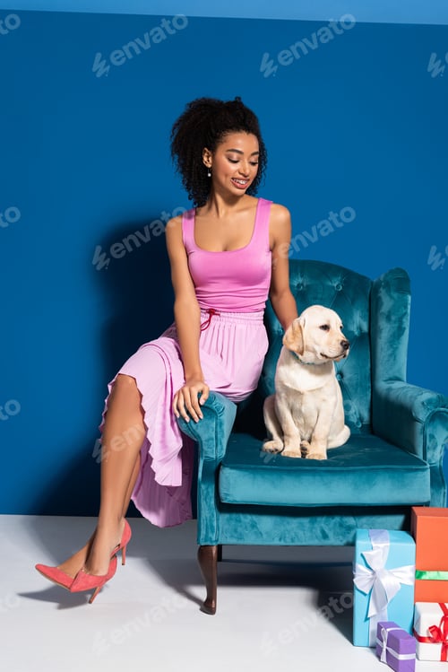 Preview: smiling african american woman sitting in velour armchair with golden retriever puppy near gifts on