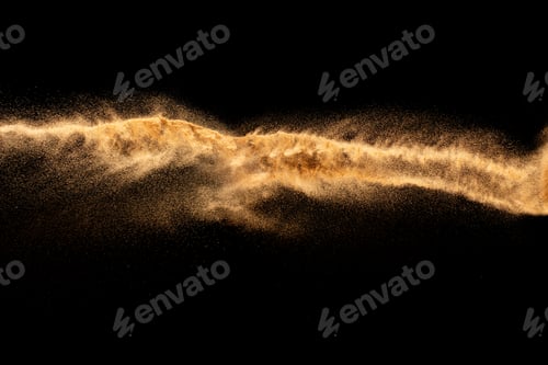 Preview: Brown colored sand splash.Dry river sand explosion isolated on black background.