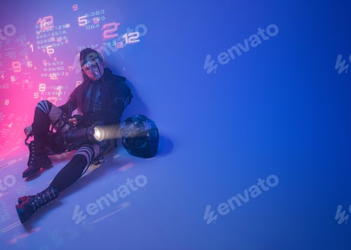 Preview: Futuristic Woman with Projector and Helmet in Digital Symbol Environment