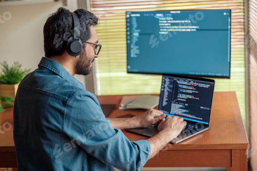 Preview: Male freelancer making new project as web designer or programmer on his computer at home office