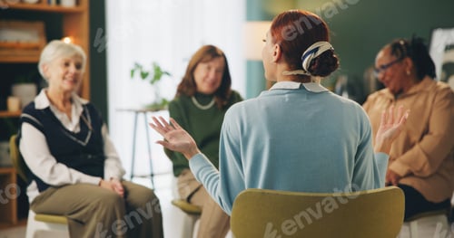 Preview: Group therapy, counseling and women with therapist for support, psychology and discussion of mental
