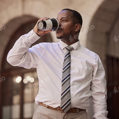 Preview: Businessman, drinking coffee and thinking with a vision in morning work routine in the outdoors. Bl