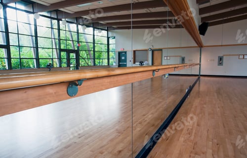 Preview: A dance or ballet studio,with a sprung wooden floor. Barre and wall mirrors