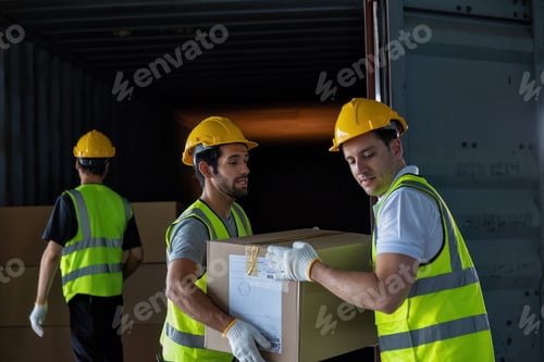 Preview: 3 Workers hand carry carton box take from 40 feet steel container one by one and stack on floor