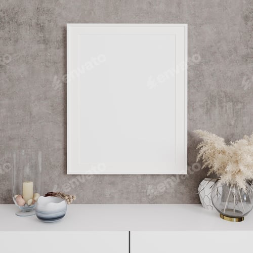 Preview: Mockup poster frame close up on gray wall with decor, 3d render