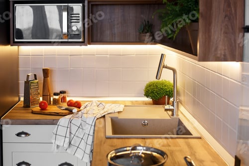 Preview: Kitchen interior with modern furniture and stainless steel appliances
