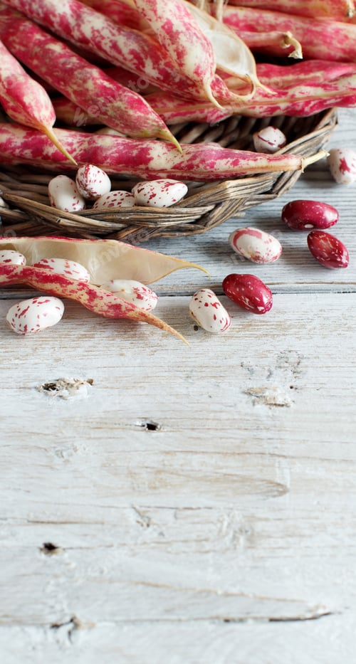 Preview: Pinto beans with pods on a wooden table